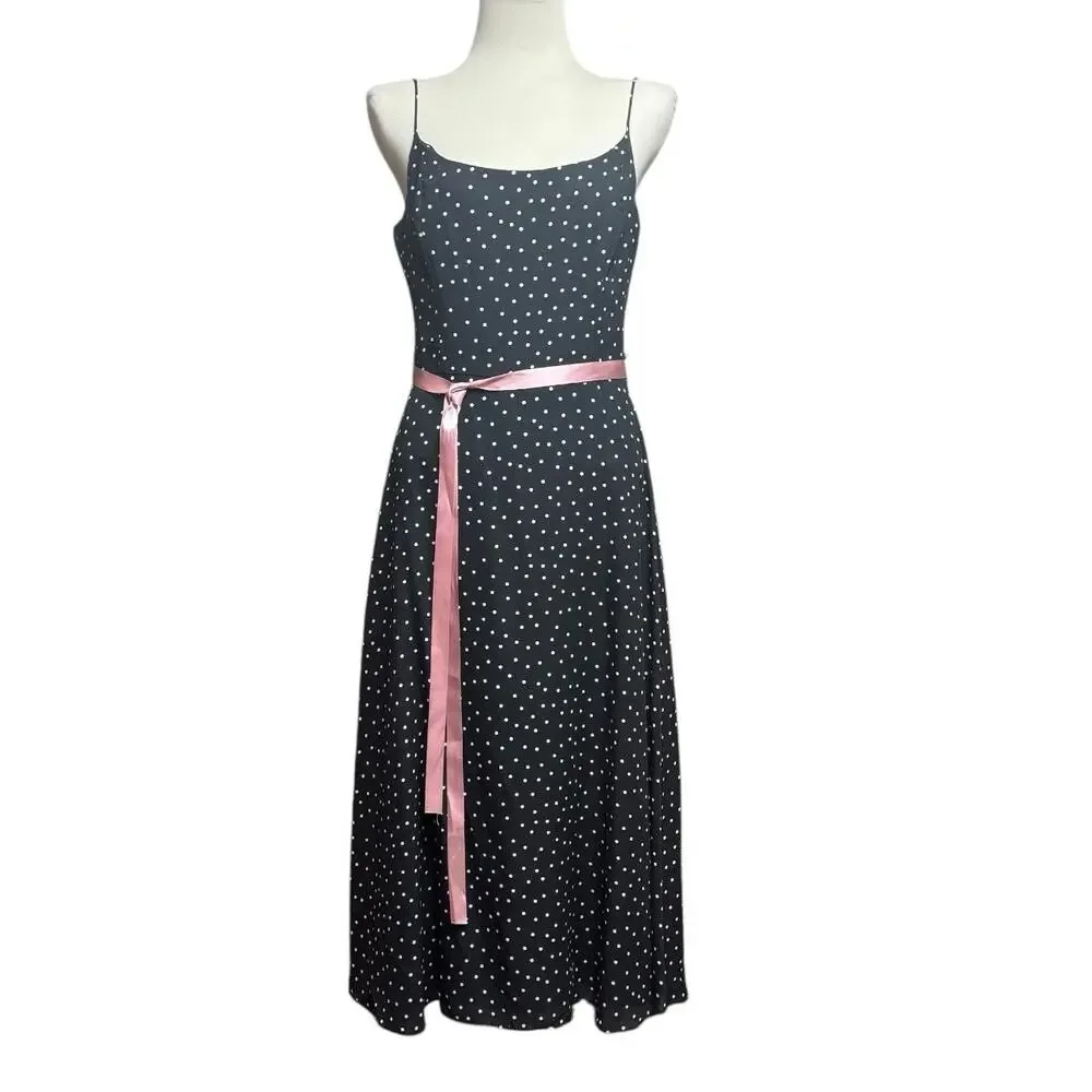 Jessica Howard Sleeveless Belted Polka Dot Midi Dress Black Pink 10